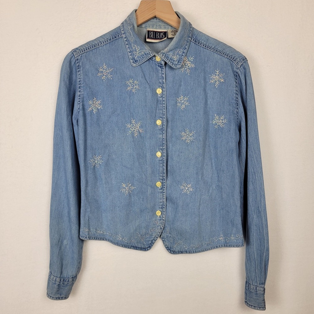 Vtg 90s Bill Blass Women's S Blue Denim Shirt Embroidered Snowflakes Long Sleeve